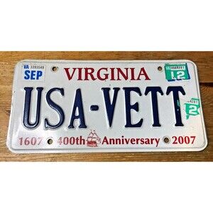 Virginia Vanity License Plate USA-VETT Chevrolet Corvette Chevy VA Tag